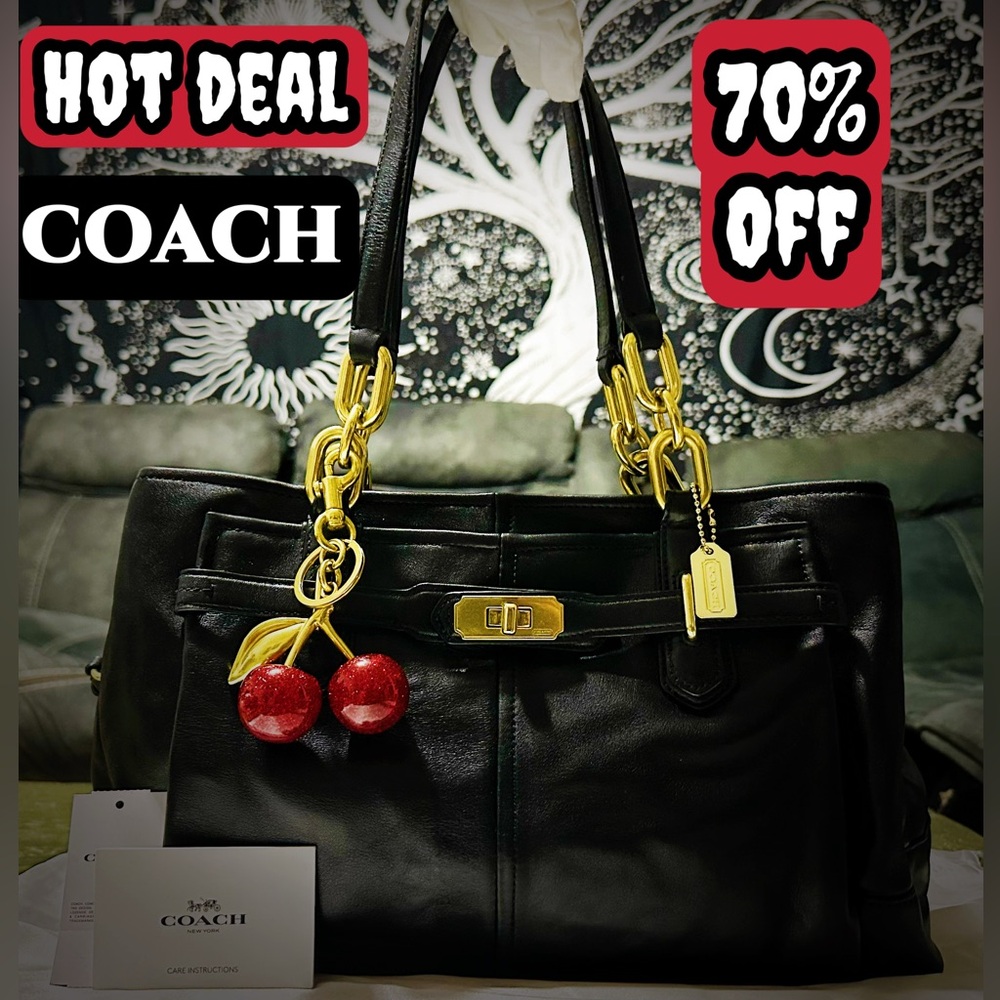Vintage style Coach Black Leather Shoulder Bag with Gold Accents - Picture 1 of 17
